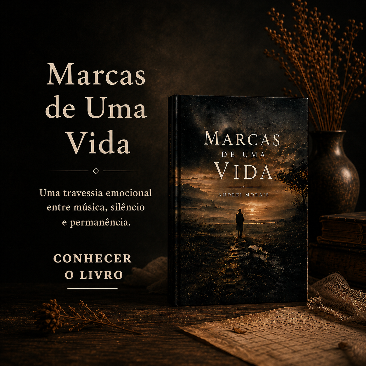 imagem do livro Marcas de Uma Vida com o texto: Uma travessia emocional entre música, silência e permanência.