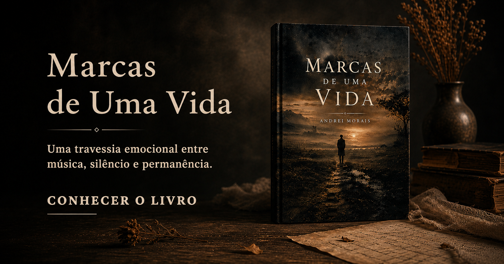 imagem do livro Marcas de Uma Vida com o texto: Uma travessia emocional entre música, silência e permanência.